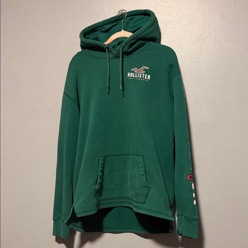 PRISTINE Hollister California Green Hoodie - Rose Sleeve Detail - Medium